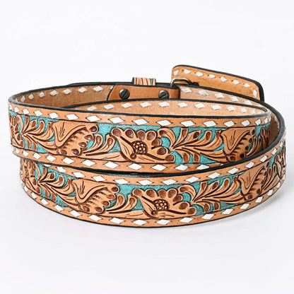Hand Tooled Genuine Leather Belt and Buckle - Brown & Teal