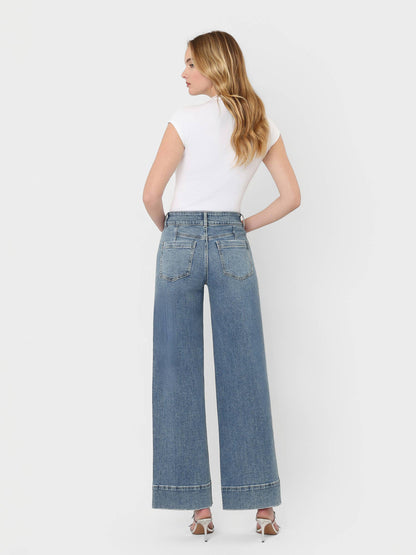 High Rise Half Yoke Wide Leg Jeans