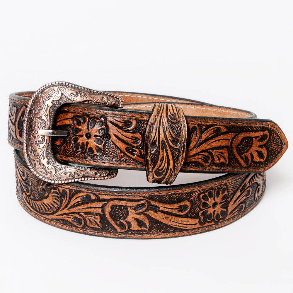 Genuine Leather Tooled Belt with Buckle