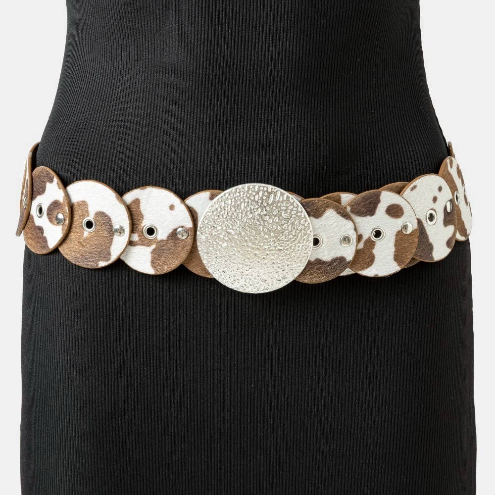 Faux Cowhide Large Round Buckle Belt
