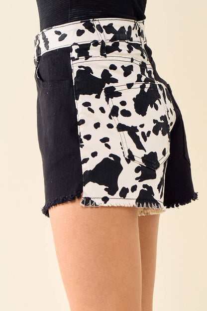 Wisteria Lane Cow Print Denim Shorts