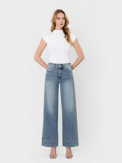 High Rise Half Yoke Wide Leg Jeans