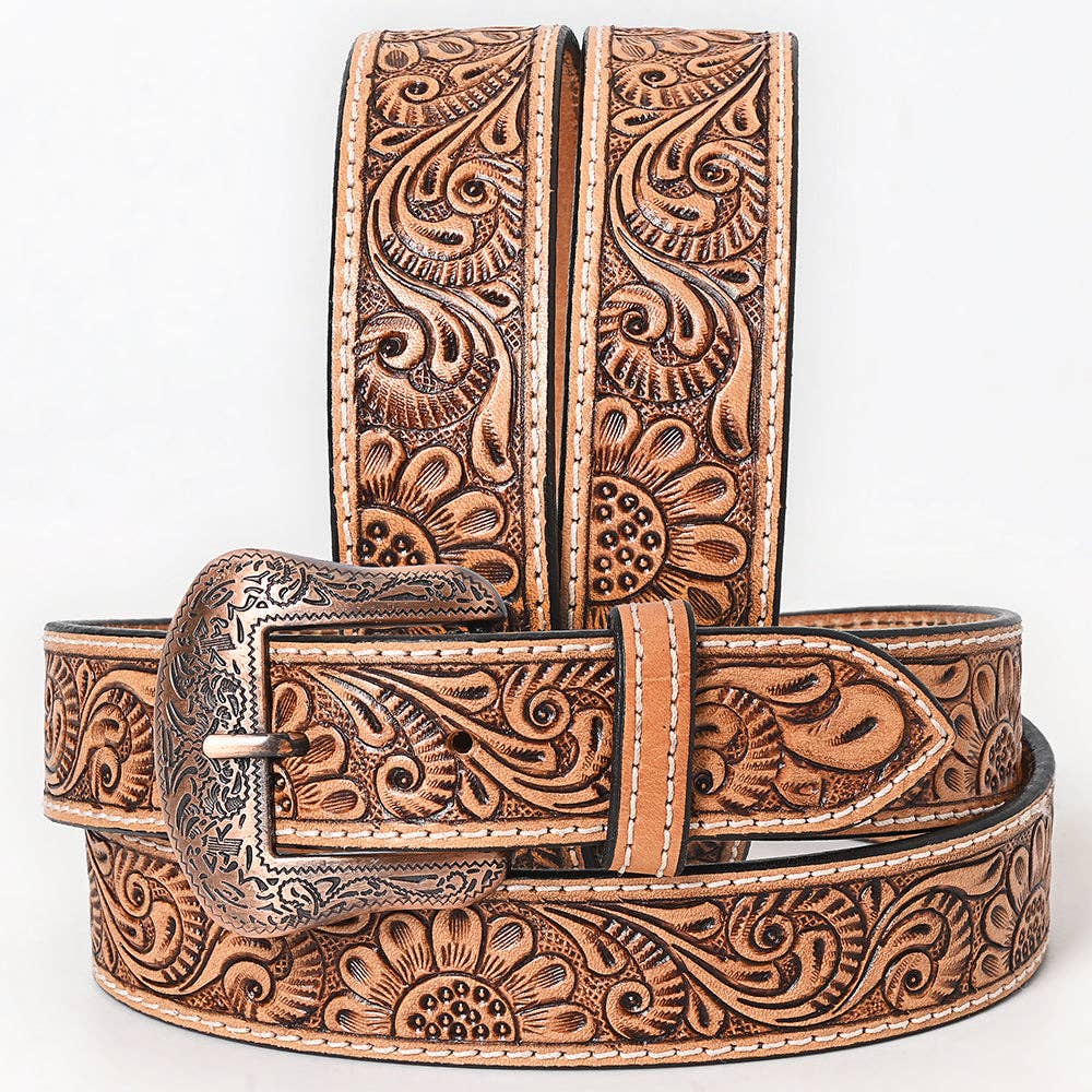 Hand Carved Western Leather Belt with Buckle