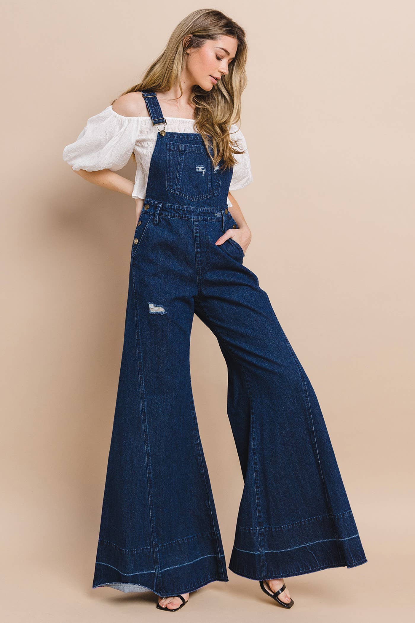 Wisteria Lane Wide Leg Denim Flare Overalls - dark denim