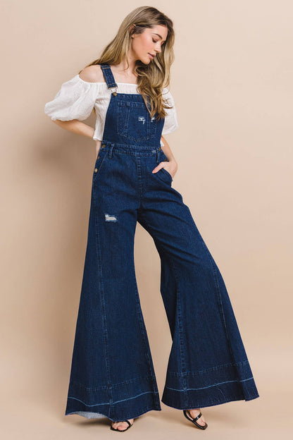 Wisteria Lane Wide Leg Denim Flare Overalls - dark denim