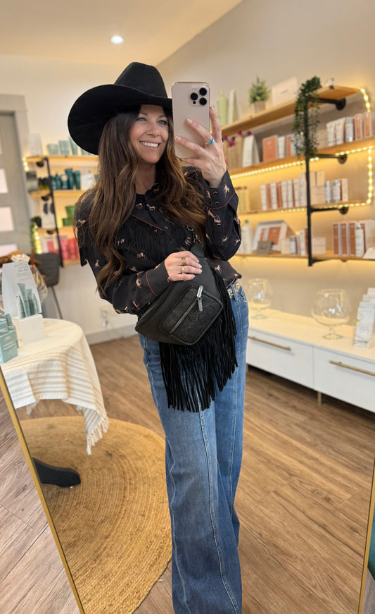 Running Horses Long Sleeve Fringe Snap Shirt by Rock n Roll Denim