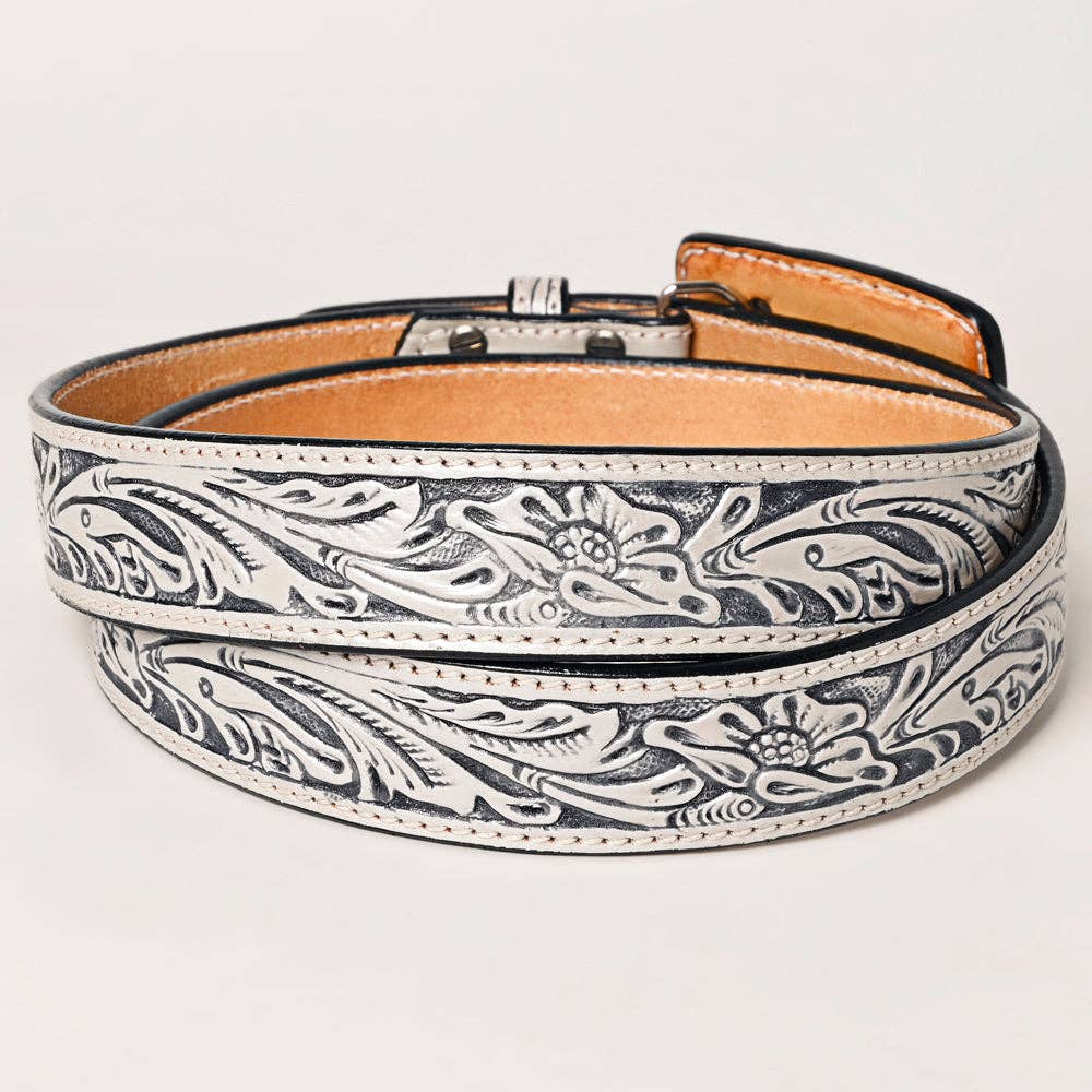 Hand Tooled Genuine Leather Belt and Buckle - Grey