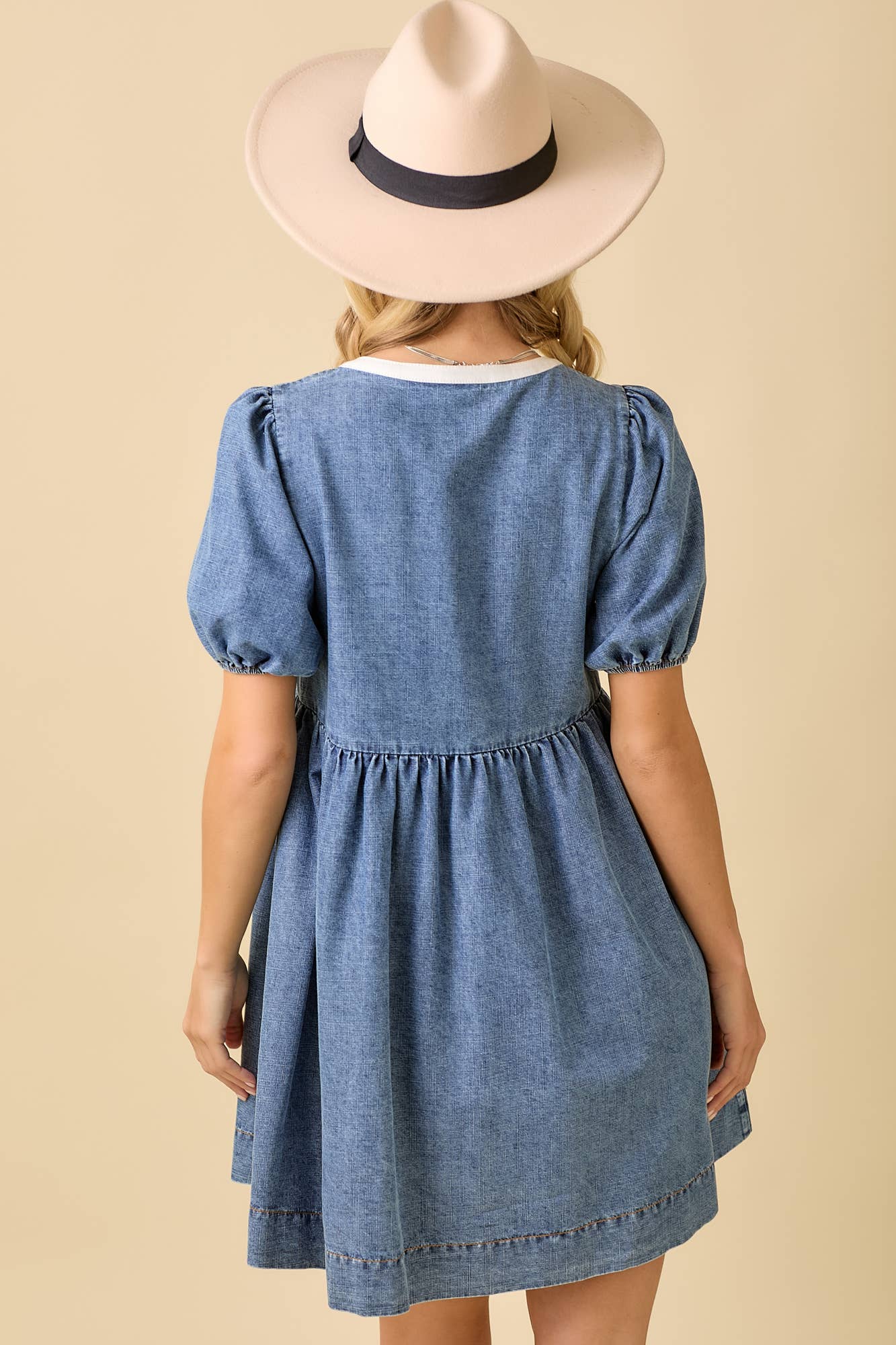 The Paisley Dress - Baby Doll Mini Denim Dress with Bows