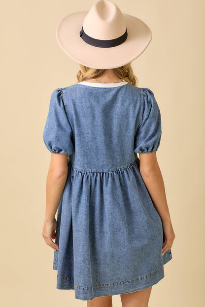 The Paisley Dress - Baby Doll Mini Denim Dress with Bows