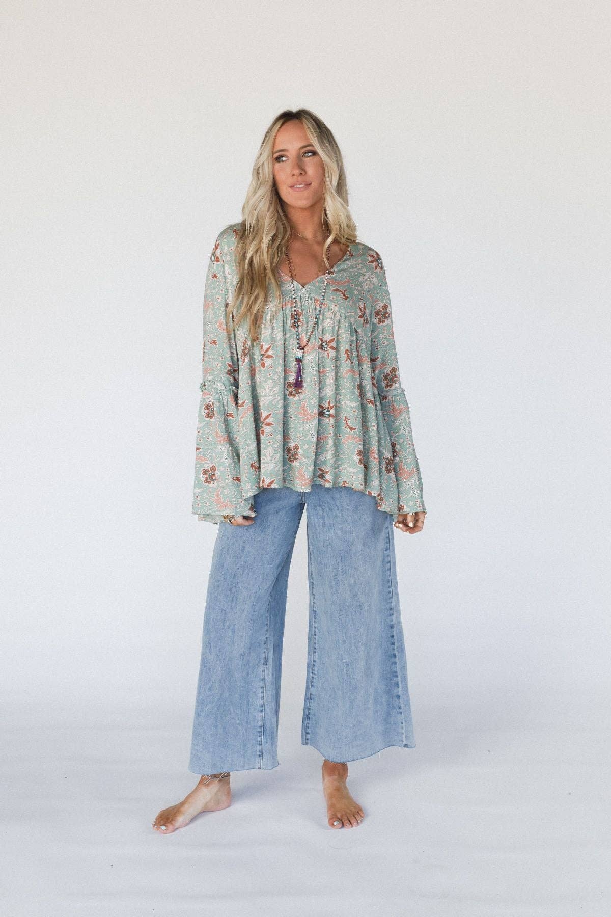 Brea Mixed Print Top by Three Birds Nest - Sage Floral Print