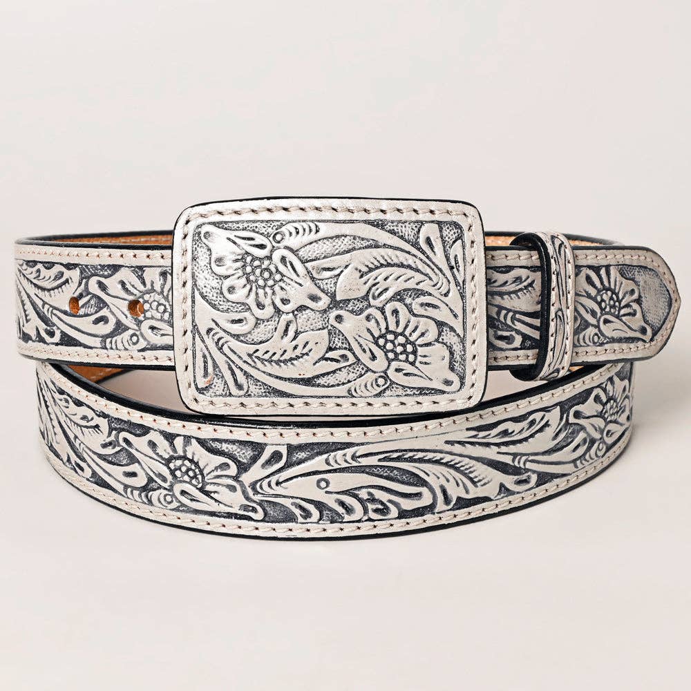 Hand Tooled Genuine Leather Belt and Buckle - Grey