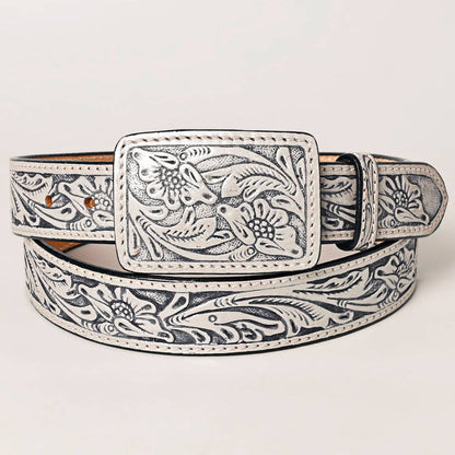 Hand Tooled Genuine Leather Belt and Buckle - Grey