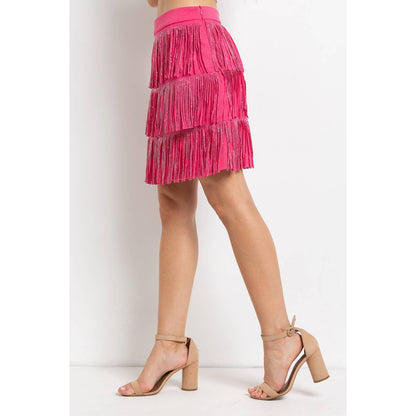 Rhinestone Suede Fringe Skirt - Pink