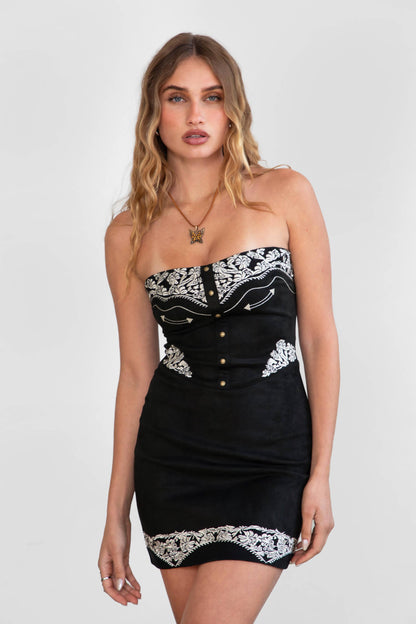 Laredo Embroidered Suede Western Mini Dress – Strapless Bodycon
