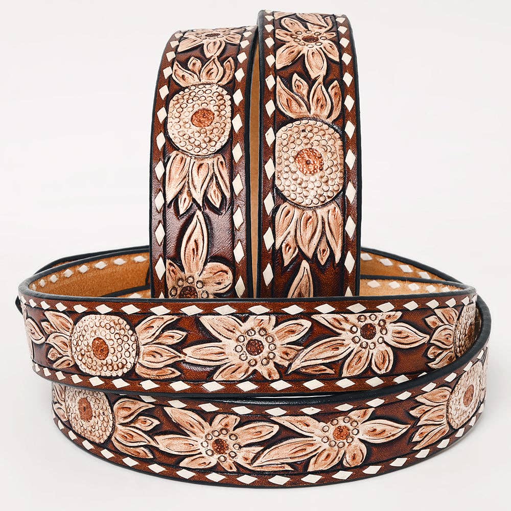 Genuine Tooled Leather Belt with Silver Removable Buckle