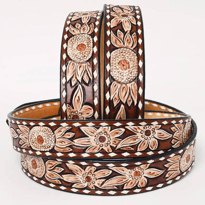 Genuine Tooled Leather Belt with Silver Removable Buckle