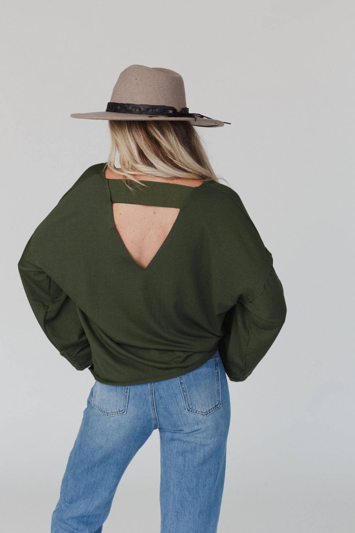 Three Bird Nest - Love It V Neckline Sweater Top - Olive