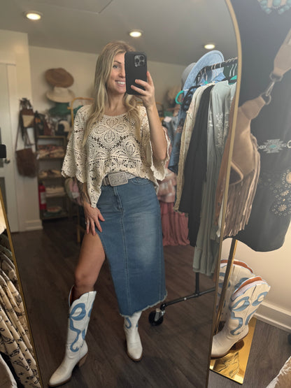 Mid Rise Midi Side Cut Denim Skirt