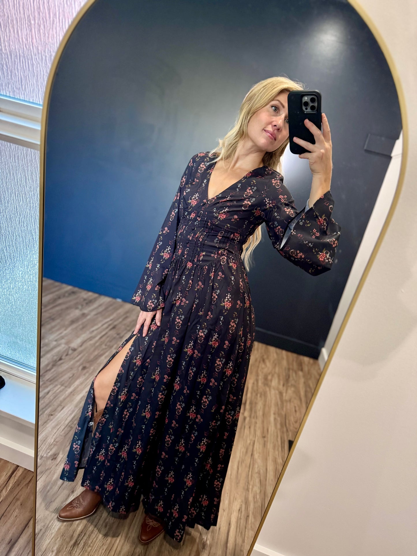 Floral Printed Dress with Bell Sleeves by Rock and Roll Denim