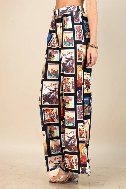 Western Cowboy Stamp Print Dress Pants