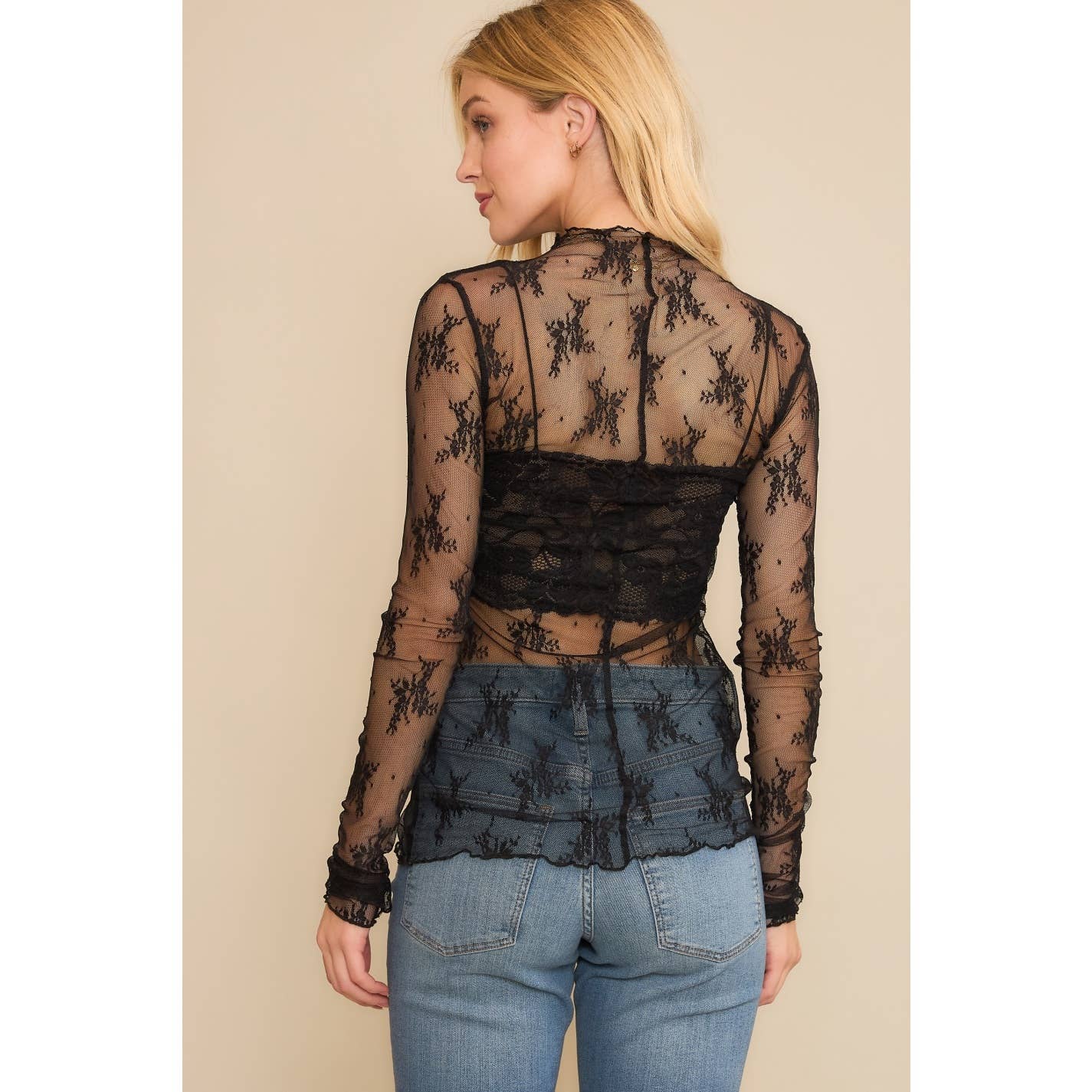 Lace Mesh Long Sleeve Top - Black