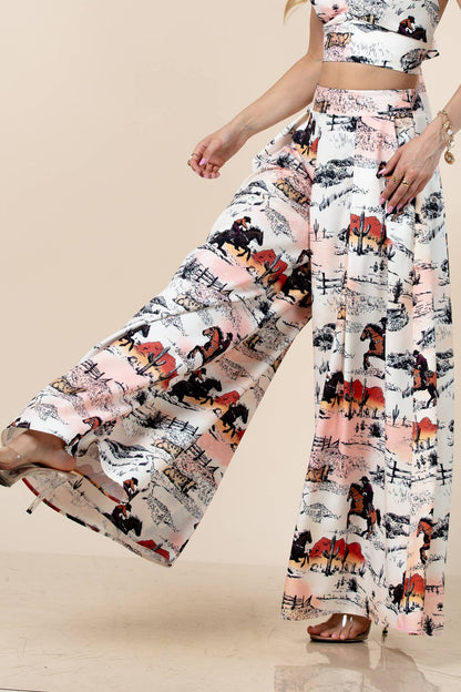 Hilda Vintage Western Print Wide Leg Pants