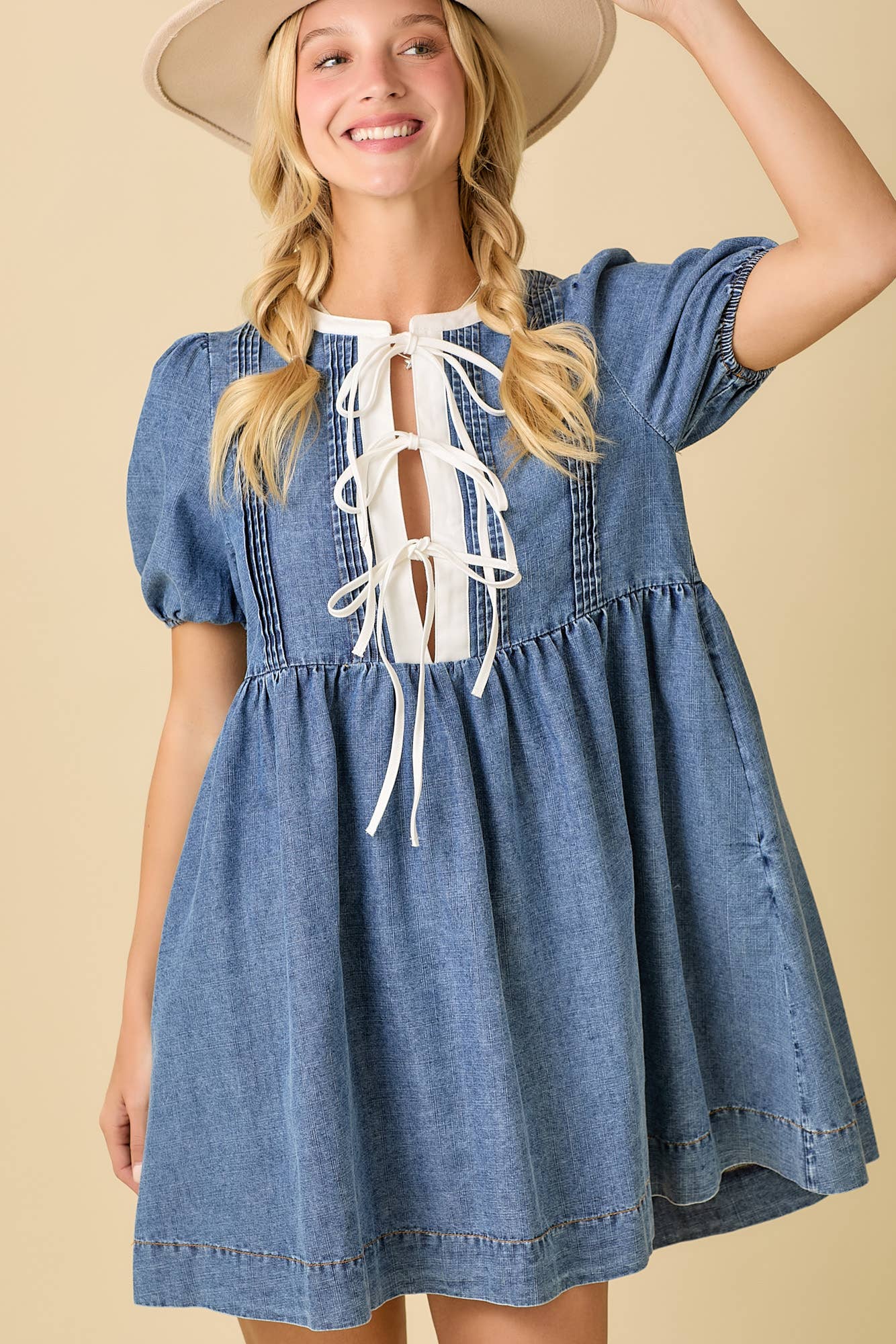 The Paisley Dress - Baby Doll Mini Denim Dress with Bows