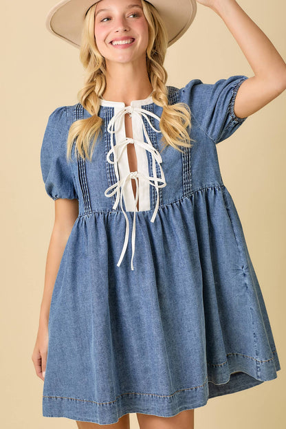 The Paisley Dress - Baby Doll Mini Denim Dress with Bows