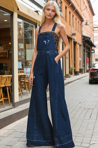 Wisteria Lane Wide Leg Denim Flare Overalls - dark denim