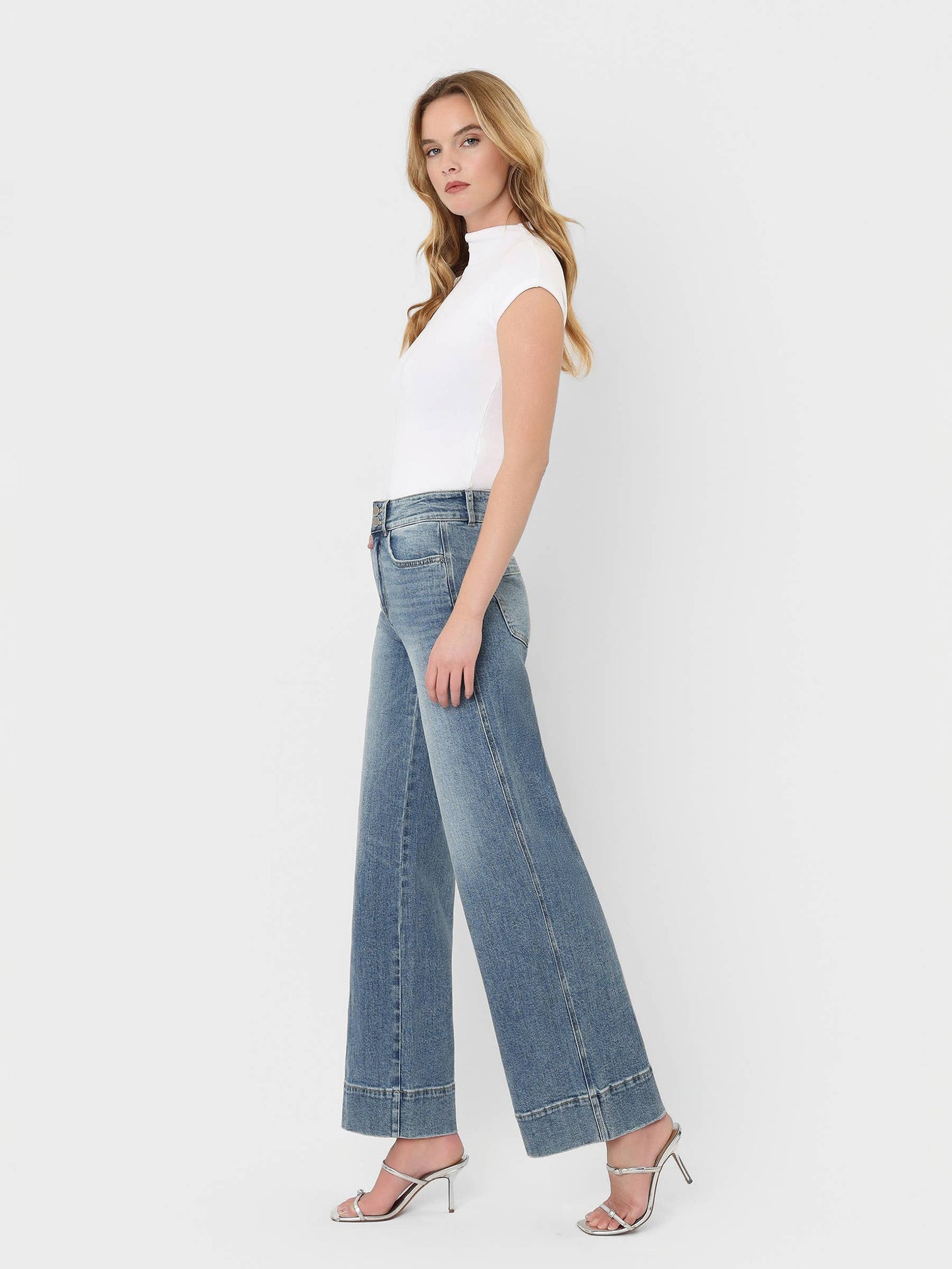 High Rise Half Yoke Wide Leg Jeans