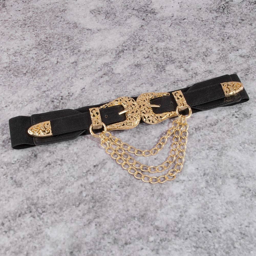 The Double Down Chain Belt – Gold Double Buckle Vegan Leather Belt