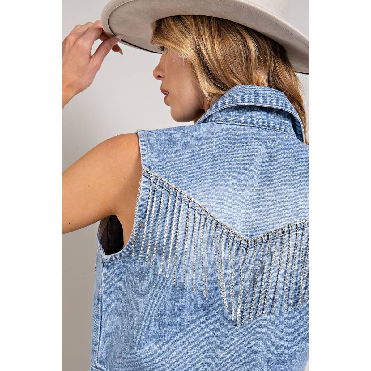 Denim Vest With Rhinestine Fringe