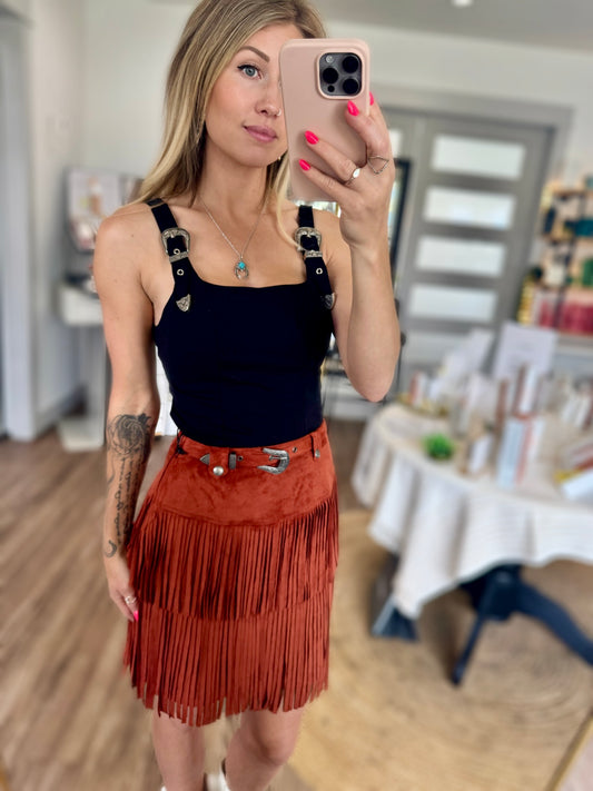 Rock & Roll Denim Microsuede Fringe Skirt – Western Boho Statement Mini