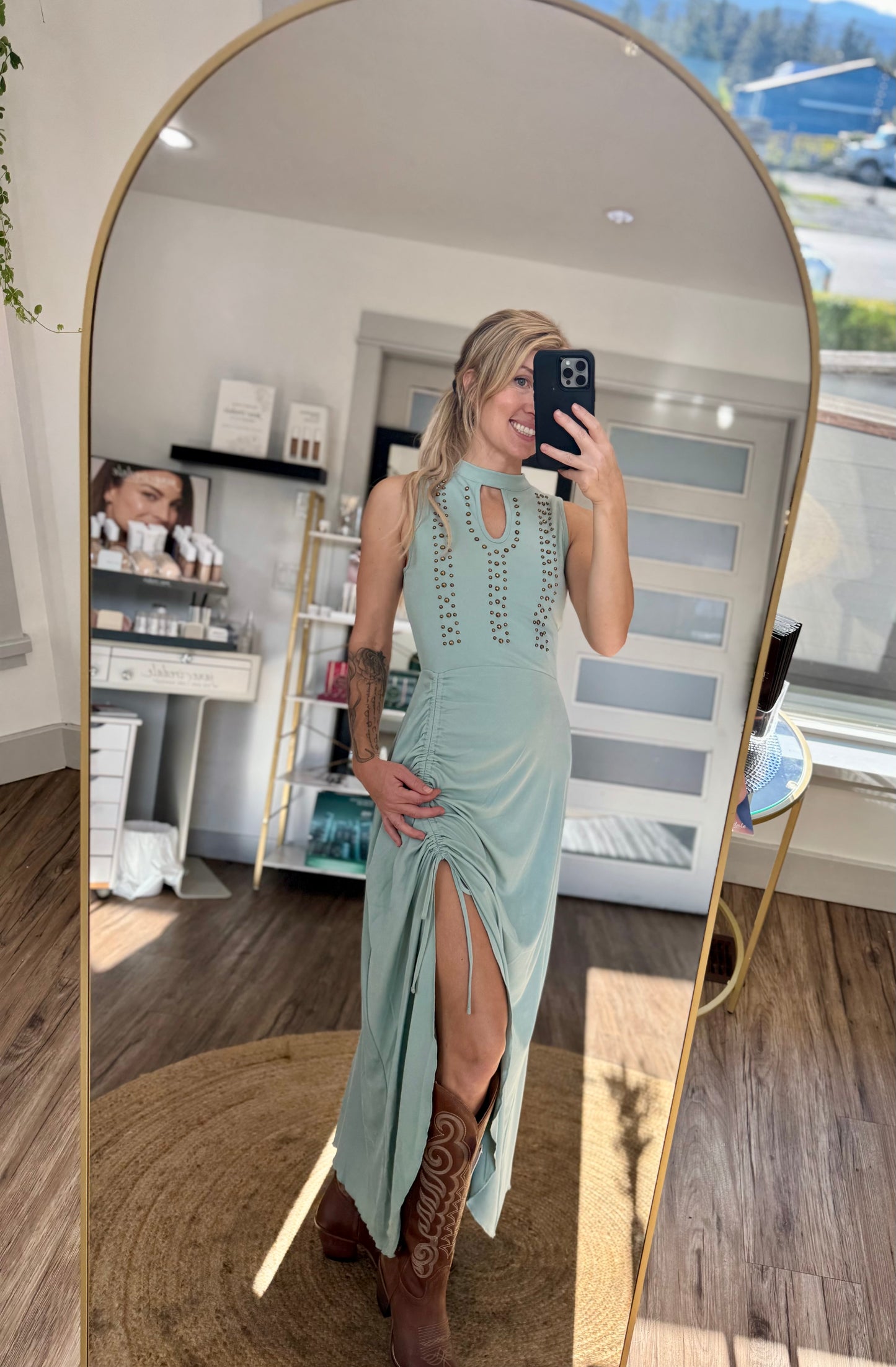 Rock & Roll Denim Studded Ribbed Maxi Dress