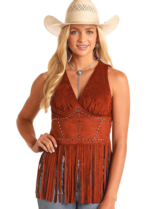 Rock & Roll Denim Studded Microsuede Fringe Top Brown