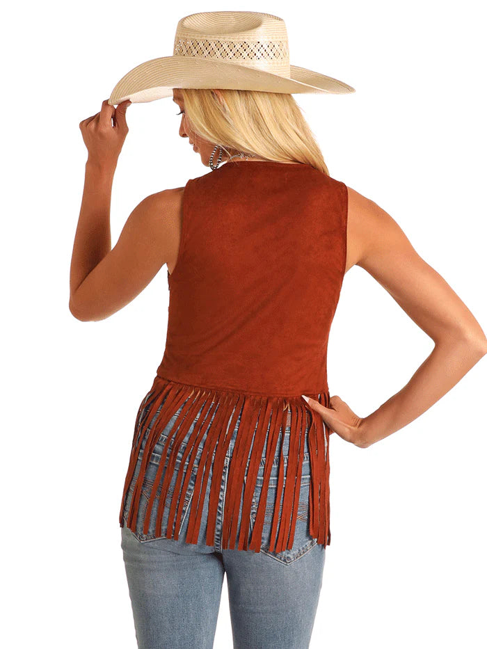 Rock & Roll Denim Studded Microsuede Fringe Top Brown