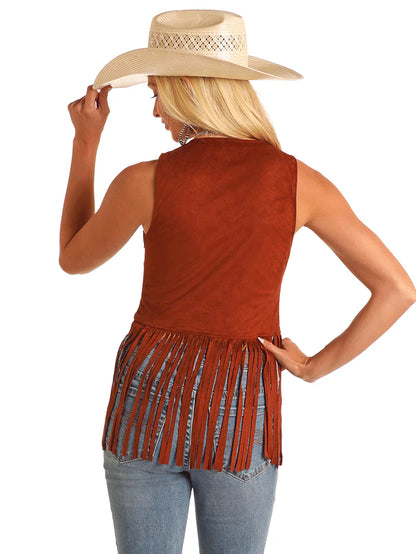 Rock & Roll Denim Studded Microsuede Fringe Top Brown