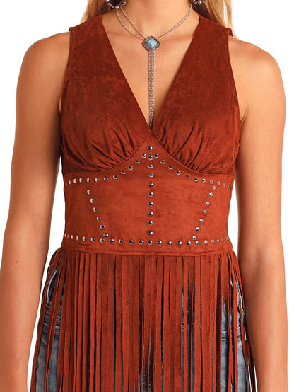 Rock & Roll Denim Studded Microsuede Fringe Top Brown