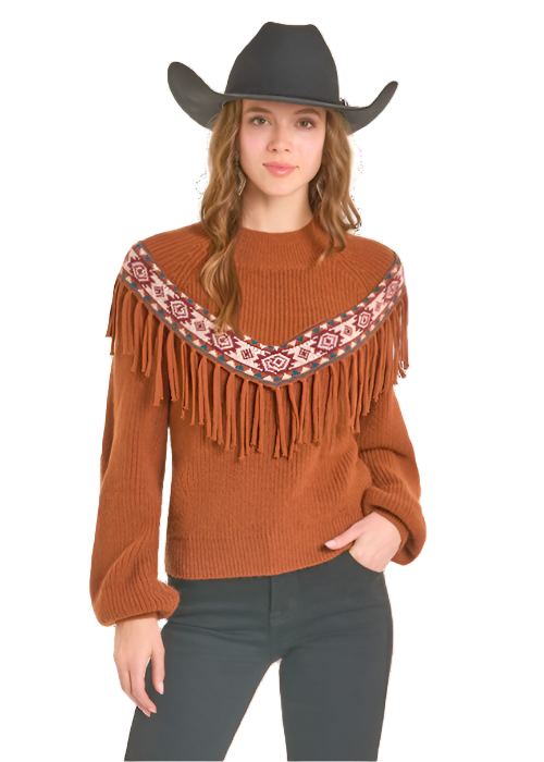 Rock and Roll Denim Sweater with Border and Fringe