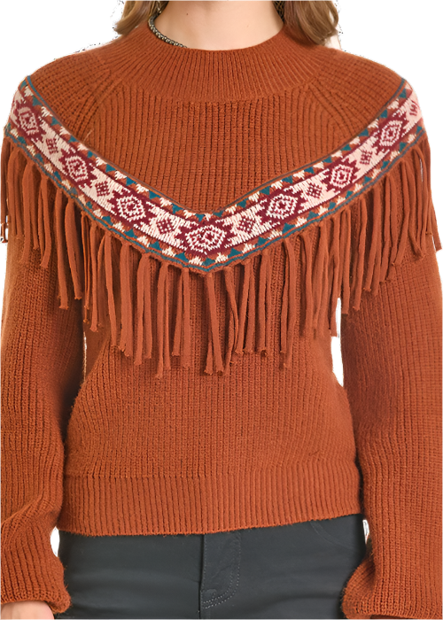 Rock and Roll Denim Sweater with Border and Fringe