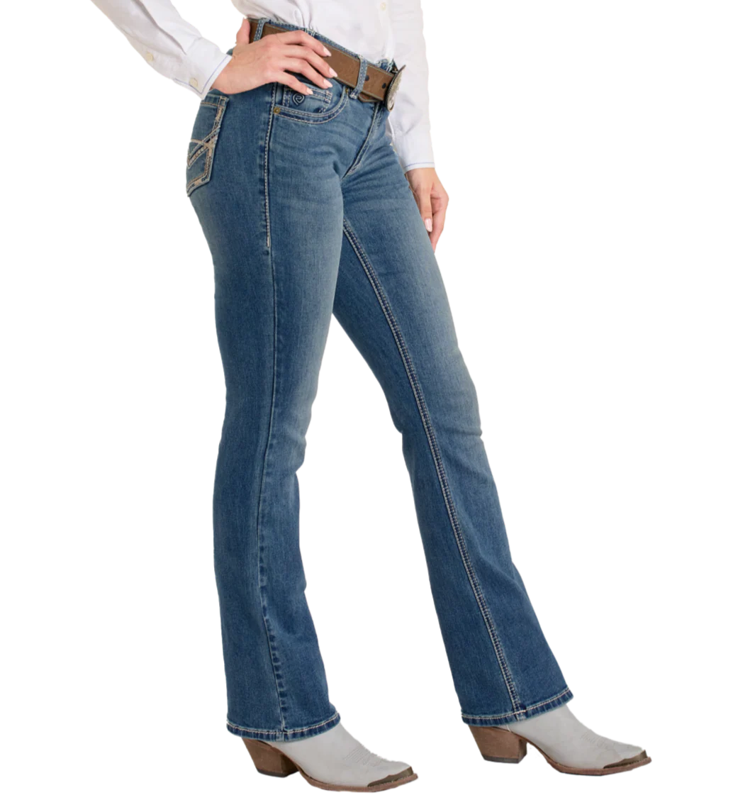 Mid Rise Petal Stitch Bootcut Riding Jeans by Rock and Roll Denim