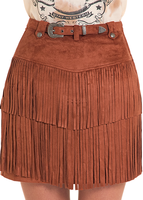 Rock & Roll Denim Microsuede Fringe Skirt – Western Boho Statement Mini