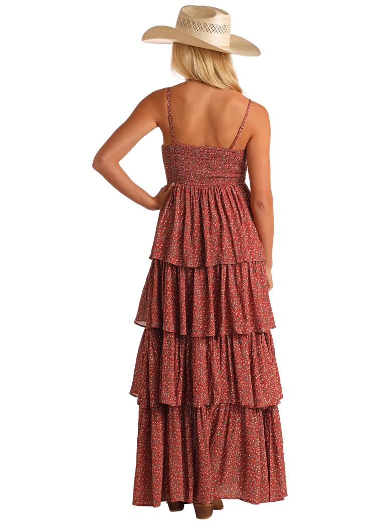 Women's Rock & Roll Denim Tiered Maxi Dress XSmall Burnt Orange