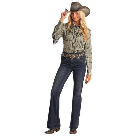 Rock & Roll Satin Snap Shirt with Fringe - Jade