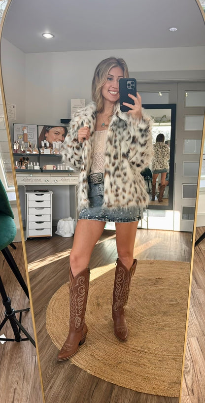 White Cheetah Faux Fur Jacket