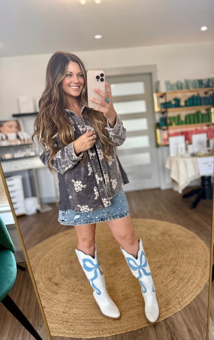 Mystree Embroidered Floral Corduroy Shacket - Washed Black