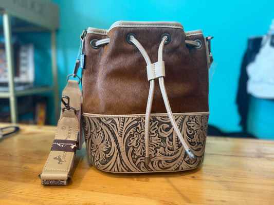 Montana West Cowhide Tooled Bucket Shoulder/Crossbody Bag - Tan