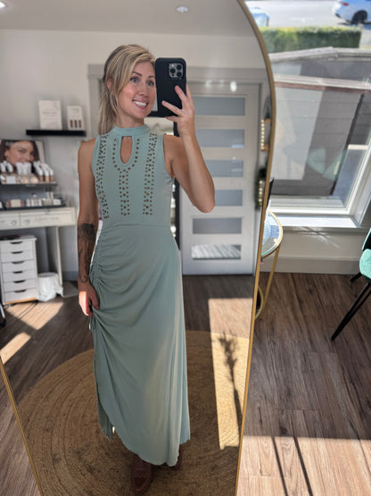 Rock & Roll Denim Studded Ribbed Maxi Dress