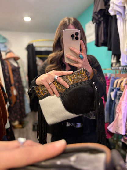 Trinity Ranch Floral Tooled Hair-On Cowhide Crossbody - Black