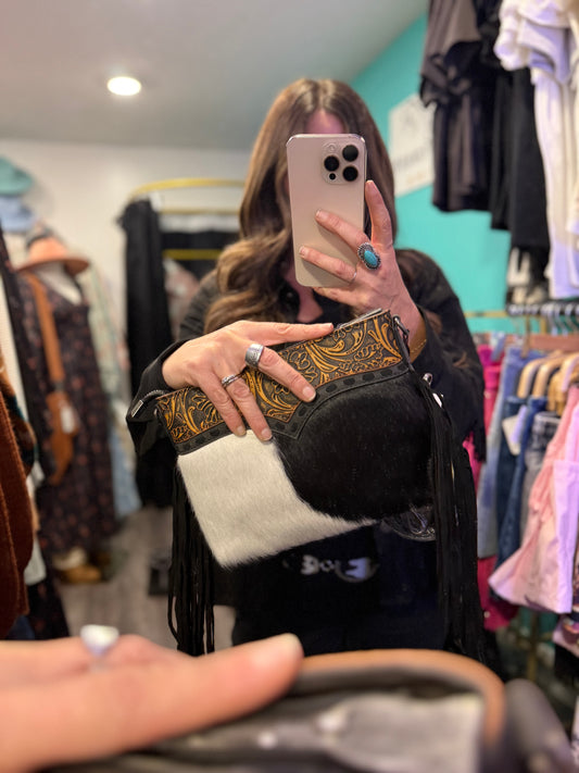 Trinity Ranch Floral Tooled Hair-On Cowhide Crossbody - Black